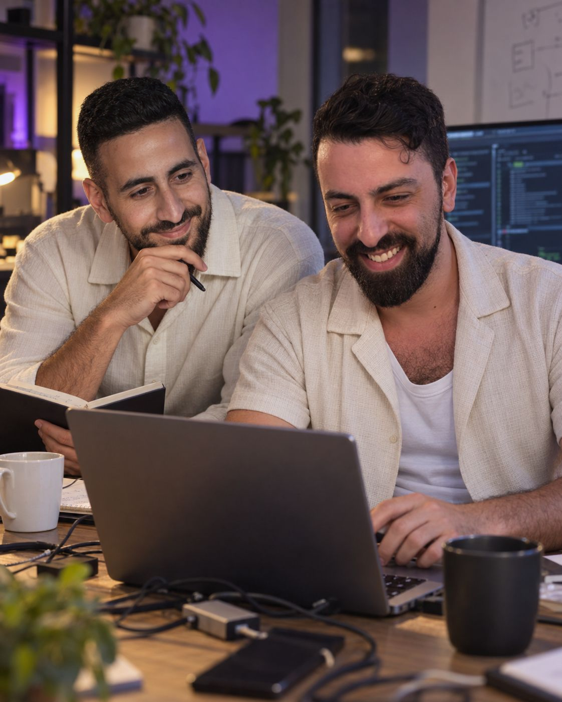 אור דרורי ומתנאל עובדים יחד מול מחשב במהלך אפיון סוכן AI